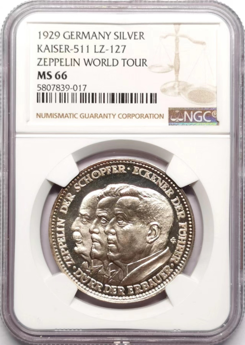 凡希社世界钱币微拍第二百三十四期 1929德国齐柏林飞艇环球飞行纪念银章NGC-MS66品相完美！