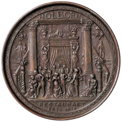 掌中浮雕-藏着的欧洲第002场 - 1874年Holborn餐厅业主大型铅章。外涂仿铜色，直径69mm，厚11mm，重约205g。目录编号Eimer 1640, BHM 2990。