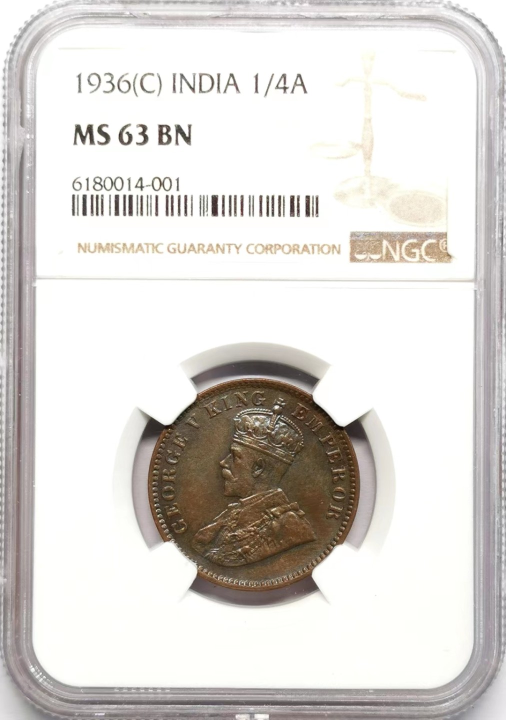 凡希社世界钱币微拍第二百三十四期 1936英属印度乔五1/4安那铜币NGC-MS63