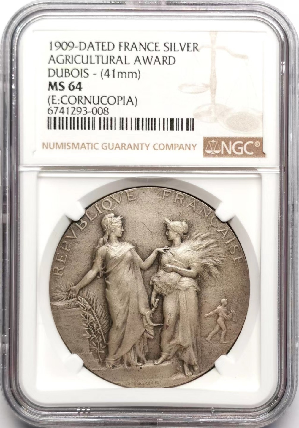 凡希社世界钱币微拍第二百三十四期 1909法国农业部贡献银质奖章NGC-MS64