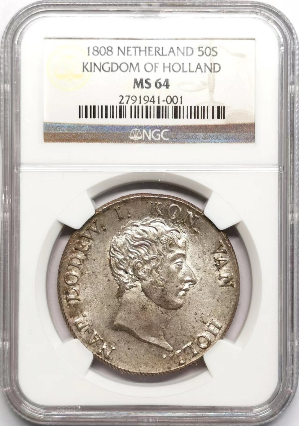 凡希社世界钱币微拍第二百三十四期 荐！1808荷兰王国路易波拿巴50ST大银NGC-MS64淡彩银光！