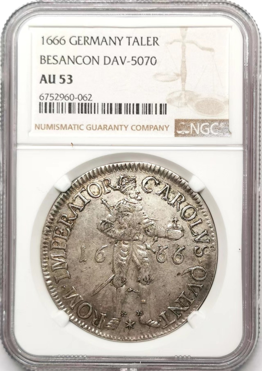 凡希社世界钱币微拍第二百三十四期 1666神罗贝桑松武士双头鹰泰勒大银NGC-AU53稀见！