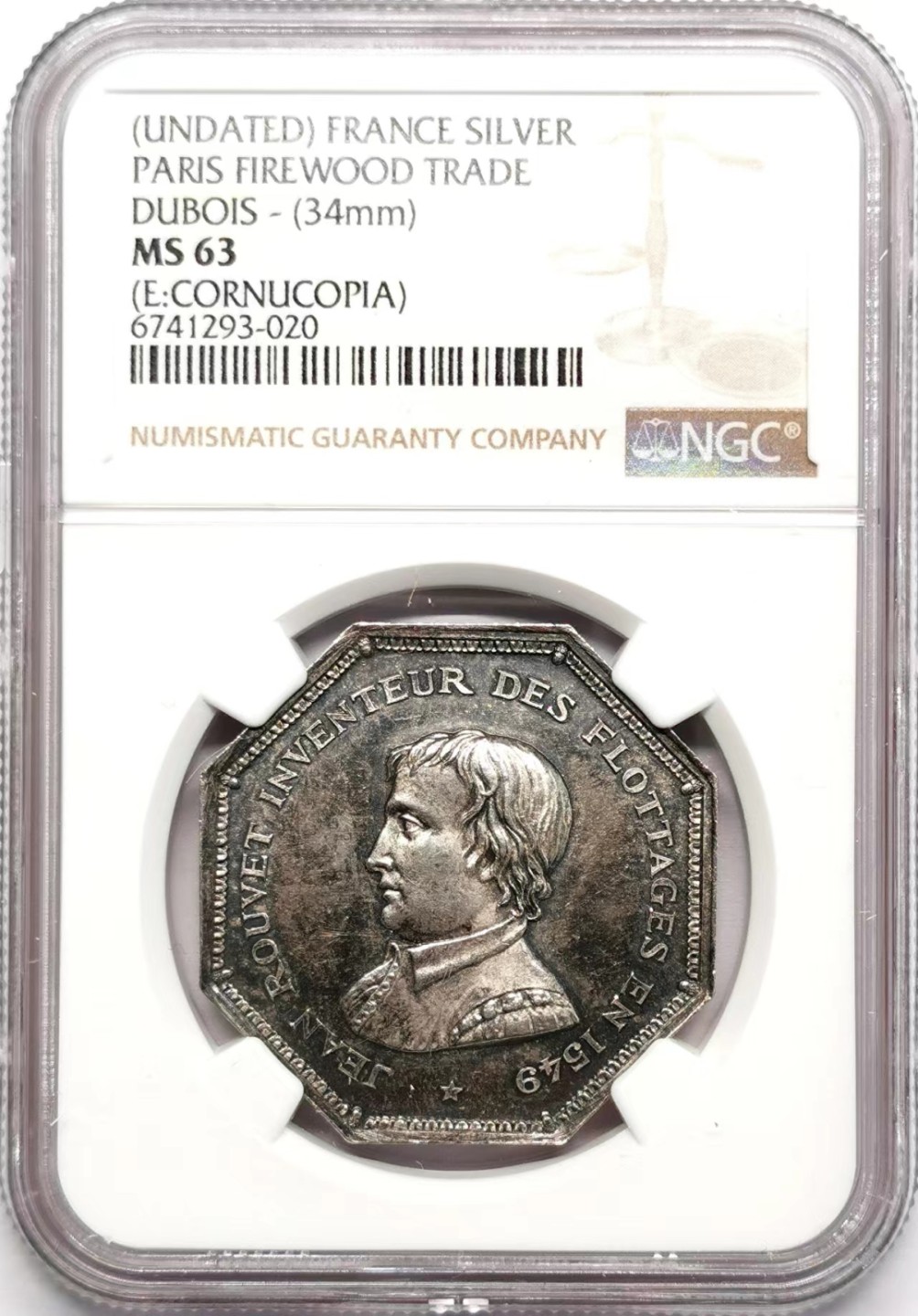 凡希社世界钱币微拍第二百三十四期 十九世纪法国巴黎木柴交易八角银章NGC-MS63