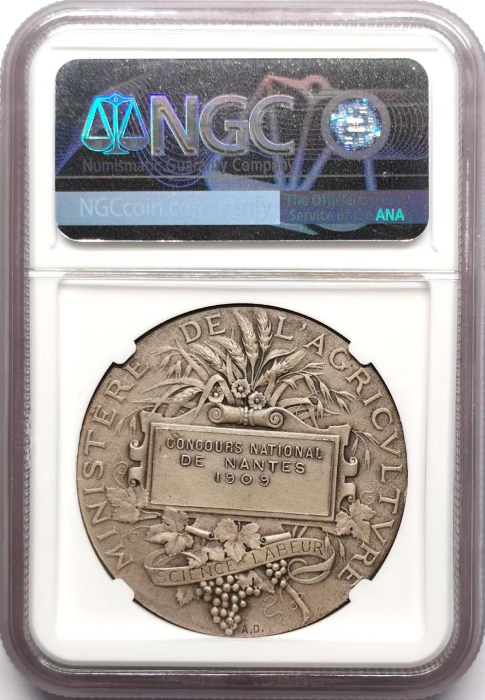 凡希社世界钱币微拍第二百三十四期 1909法国农业部贡献银质奖章NGC-MS64