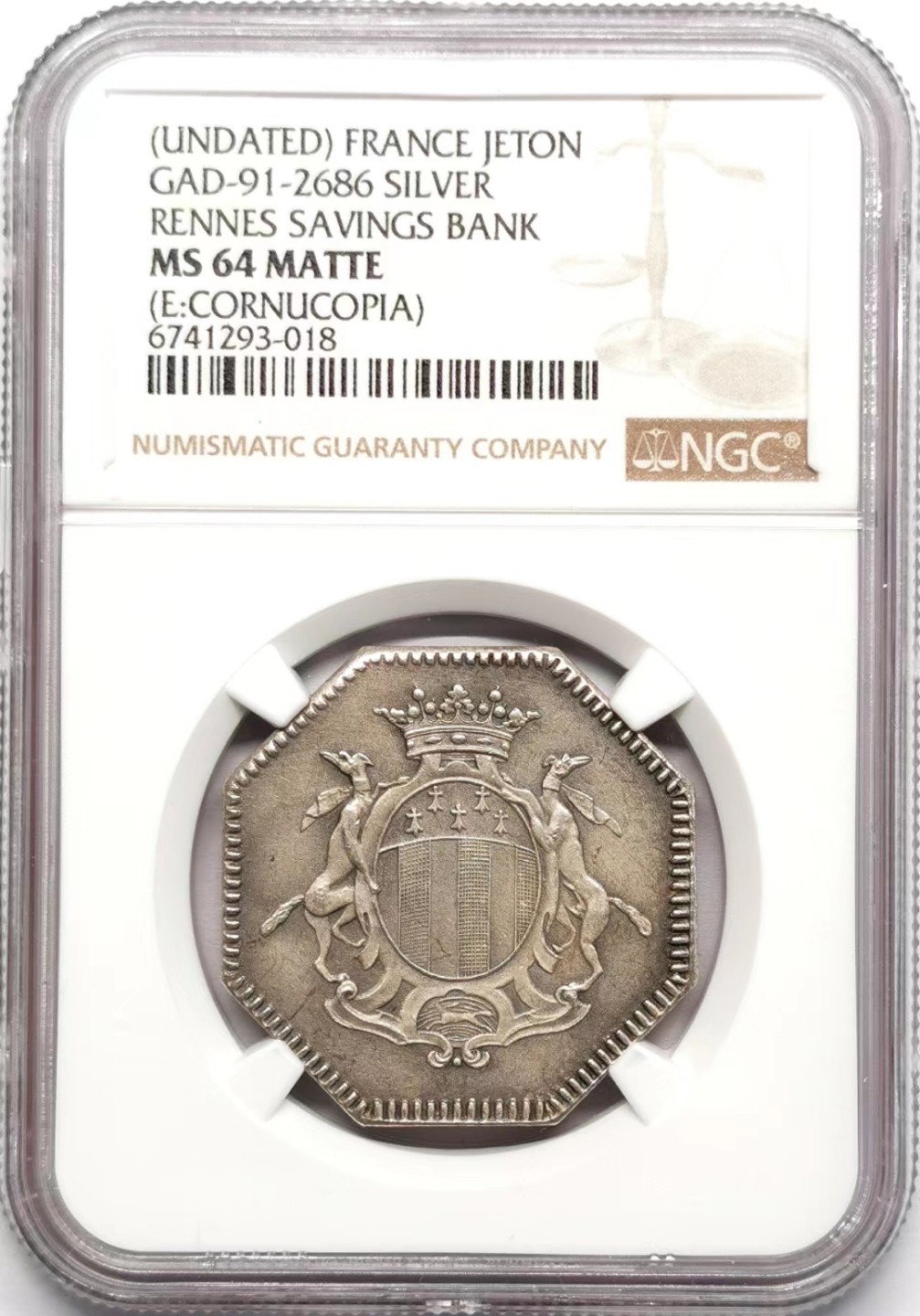 凡希社世界钱币微拍第二百三十四期 十九世纪法国雷内贮蓄银行八角银章NGC-MS64MATTE