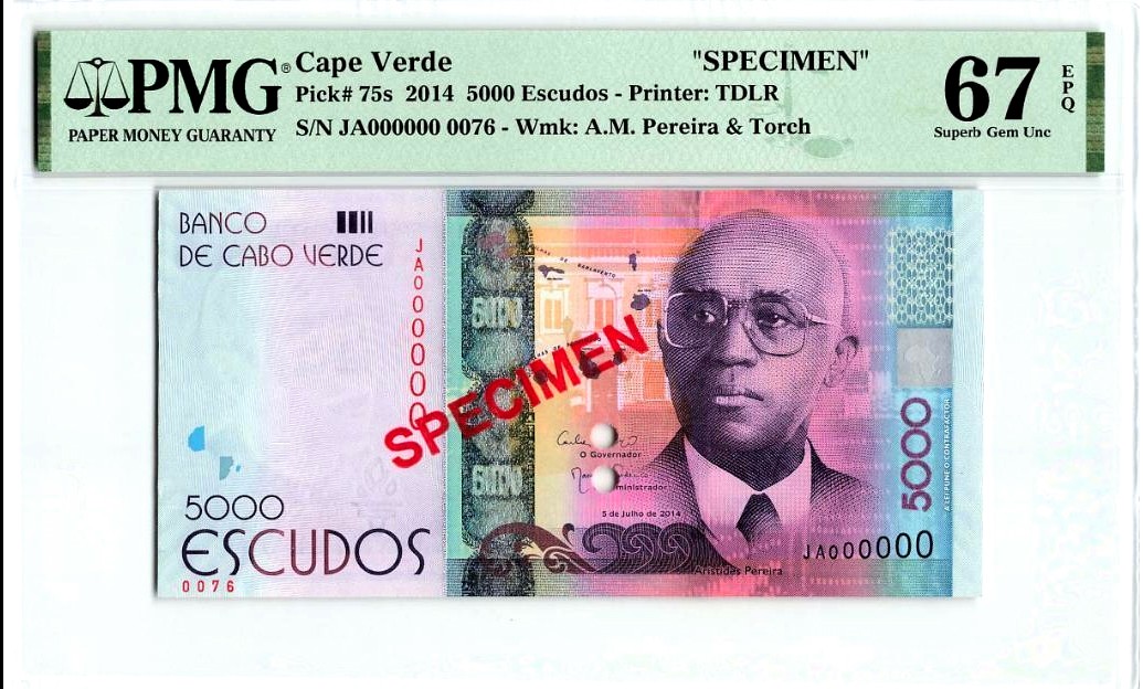 【Blue Auction】✨世界纸币精拍第309期——莫总专场XVII【精】  【冠军分】佛得角 2014年5000埃斯库多 最高值 样钞少见 PMG67EPQ 高分