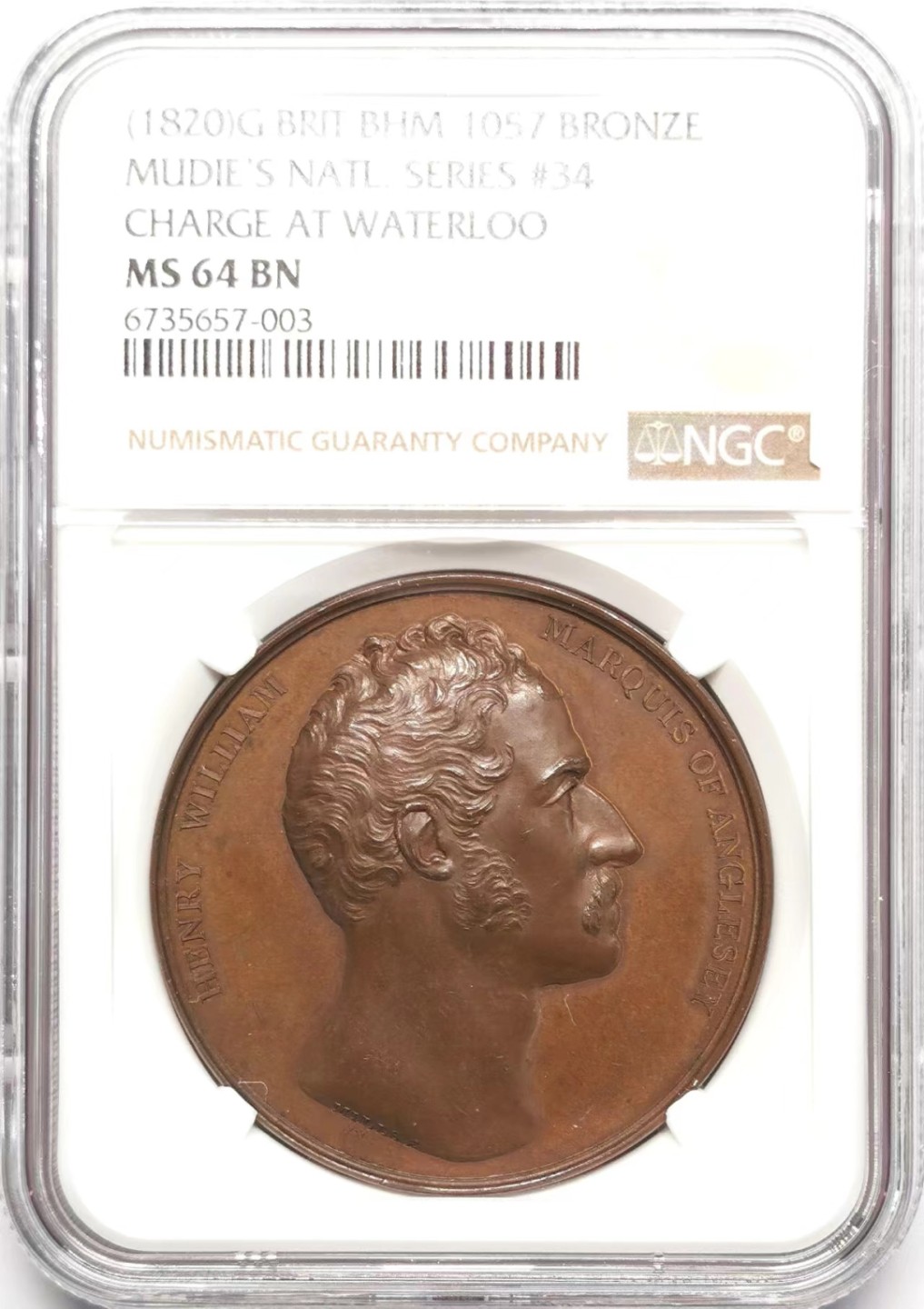 凡希社世界钱币微拍第二百三十四期 1820英国滑铁卢的冲锋亨利威廉纪念铜章NGC-MS64