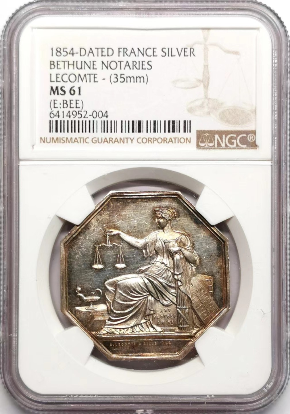 凡希社世界钱币微拍第二百三十四期 1854法国贝图恩公证处八角银章NGC-MS61