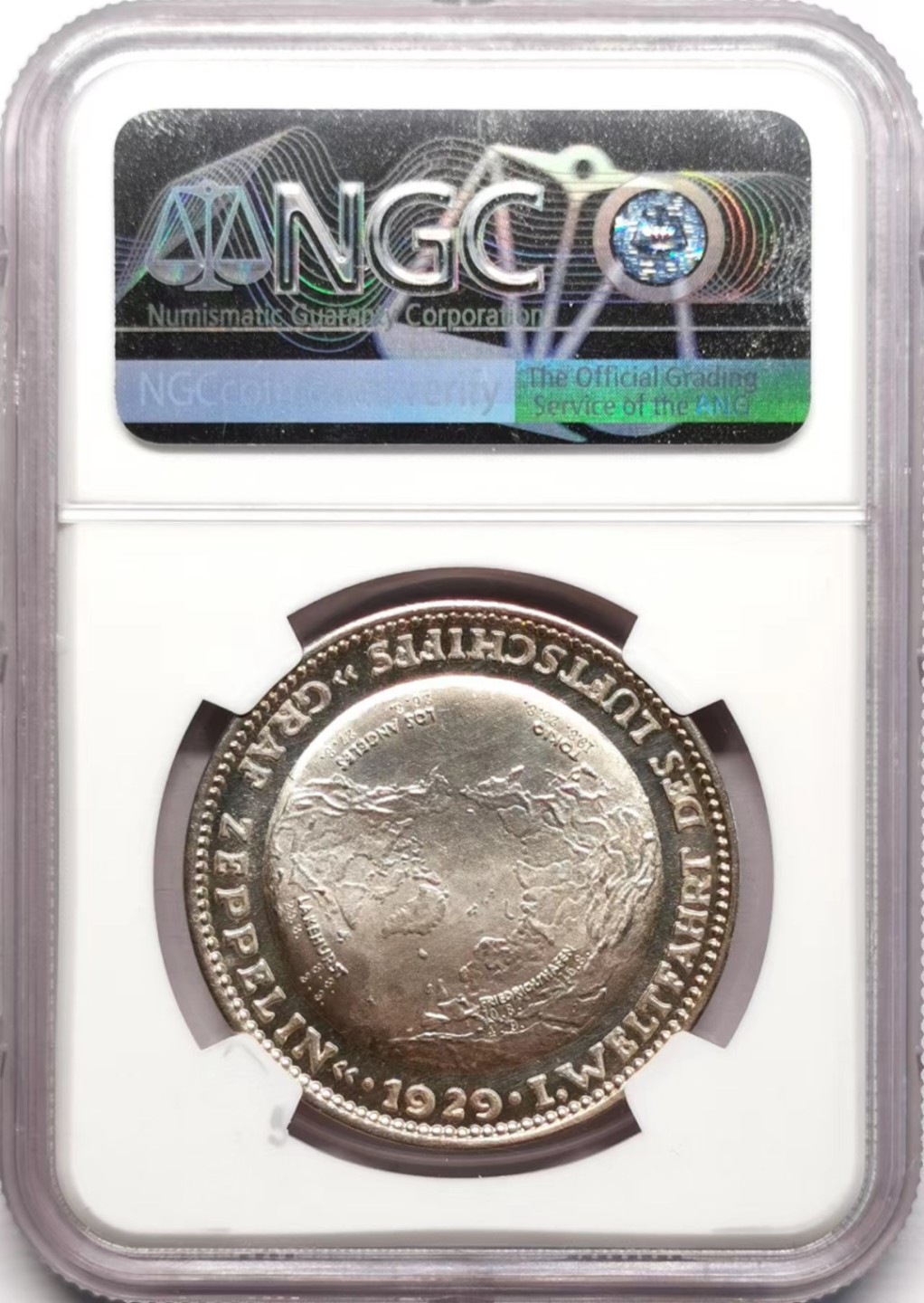 凡希社世界钱币微拍第二百三十四期 1929德国齐柏林飞艇环球飞行纪念银章NGC-MS66品相完美！