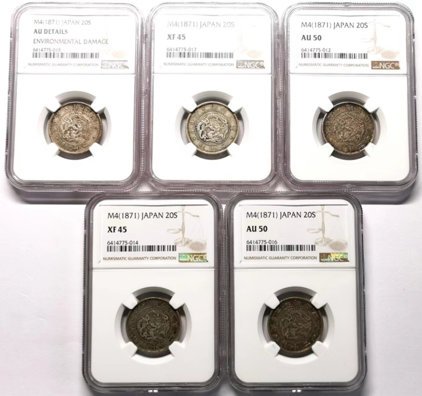 凡希社世界钱币微拍第二百三十四期 日本20钱银币一组五枚NGC