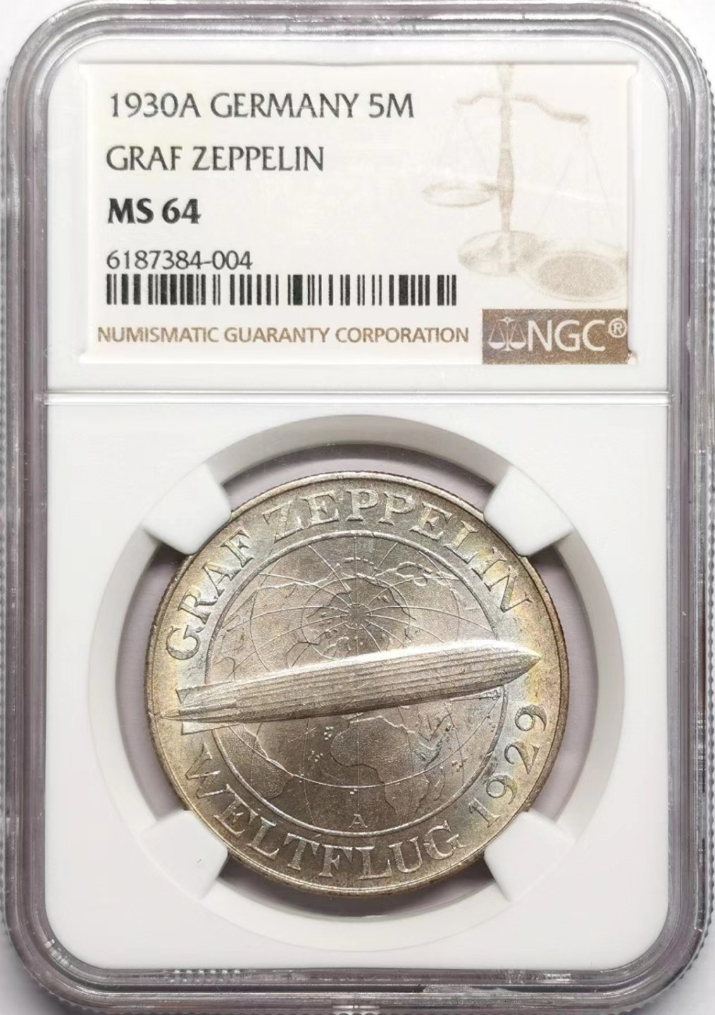 凡希社世界钱币微拍第二百三十四期 1930魏玛德国齐柏林飞艇5马克大银NGC-MS64