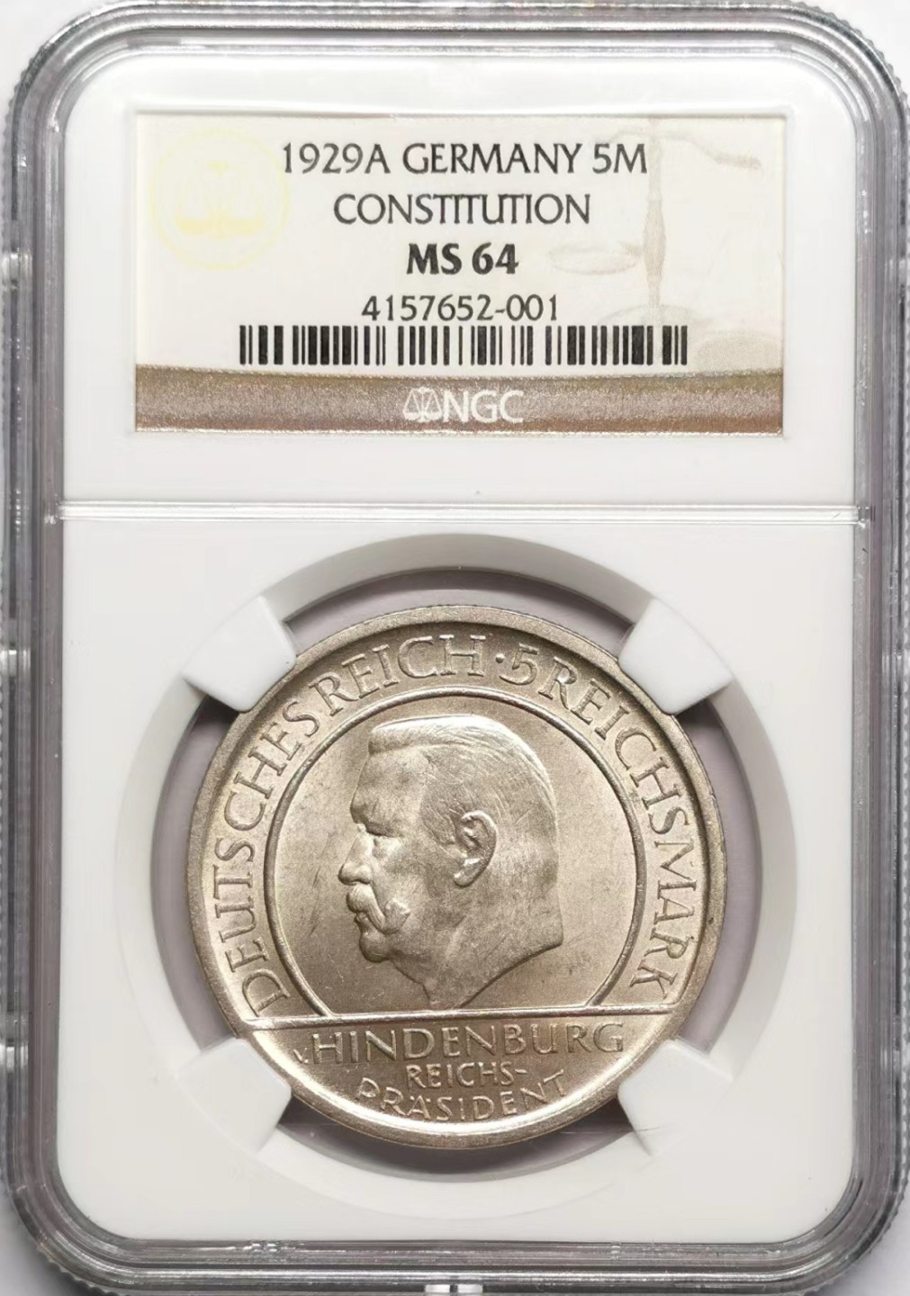 凡希社世界钱币微拍第二百三十四期 1929魏玛德国宪法5马克大银NGC-MS64