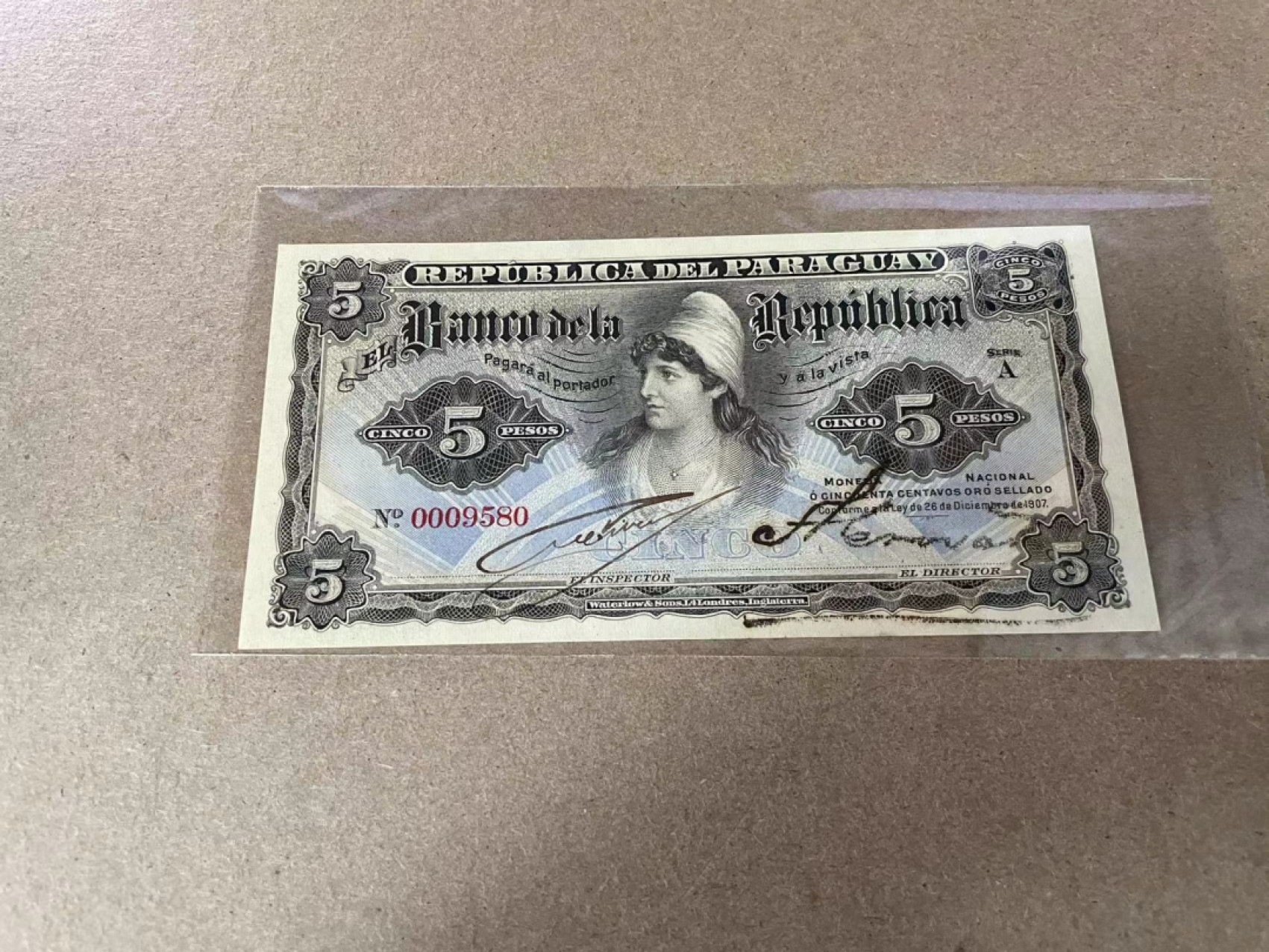 【Blue Auction】✨世界纸币精拍第309期——莫总专场XVII【精】 【A冠千位小号无47】巴拉圭 早期 1907年5比索  UNC-
