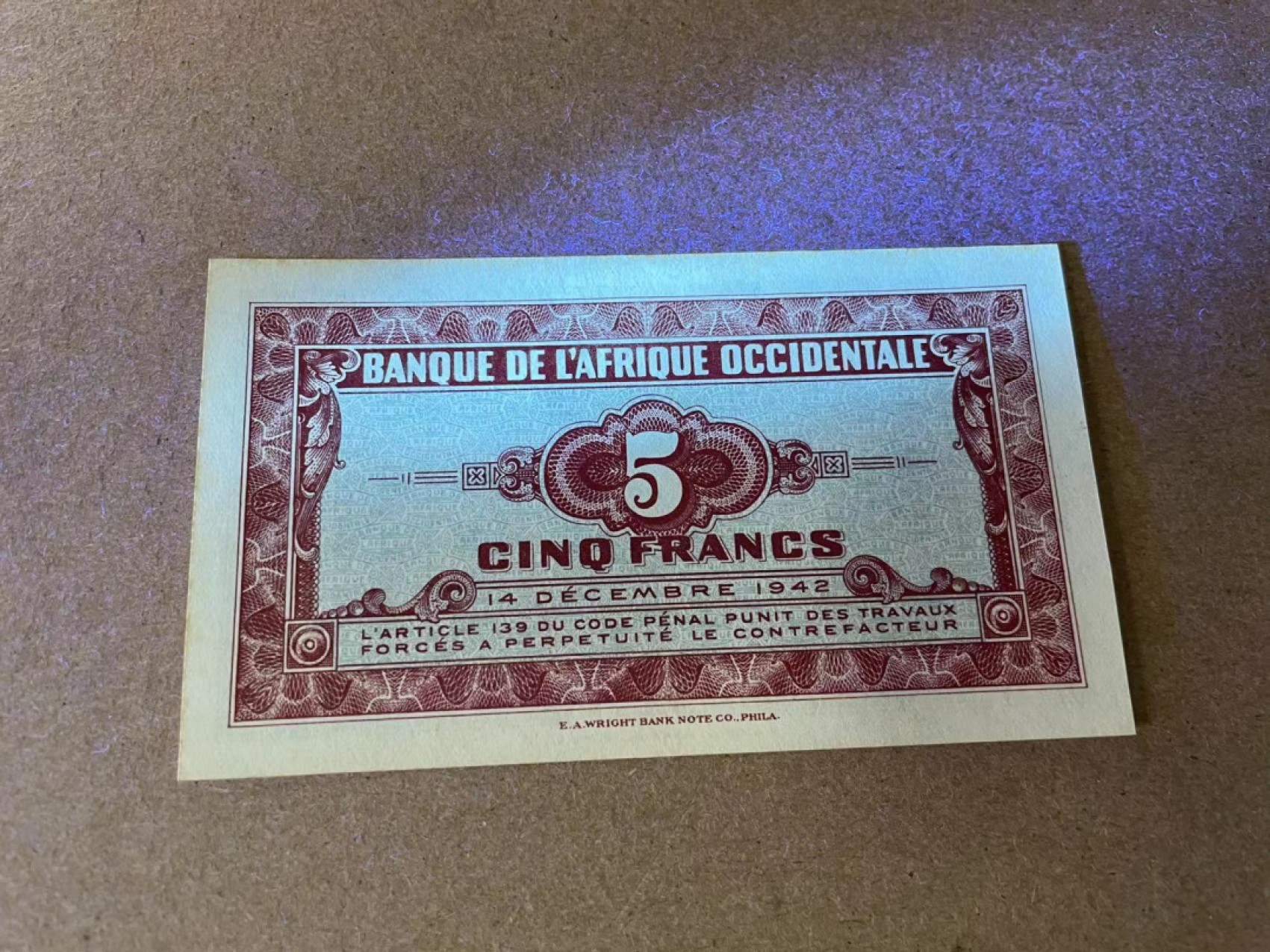 【Blue Auction】✨世界纸币精拍第309期——莫总专场XVII【精】 法属西非 1942年5法郎 UNC- （边缘有轻微黄）