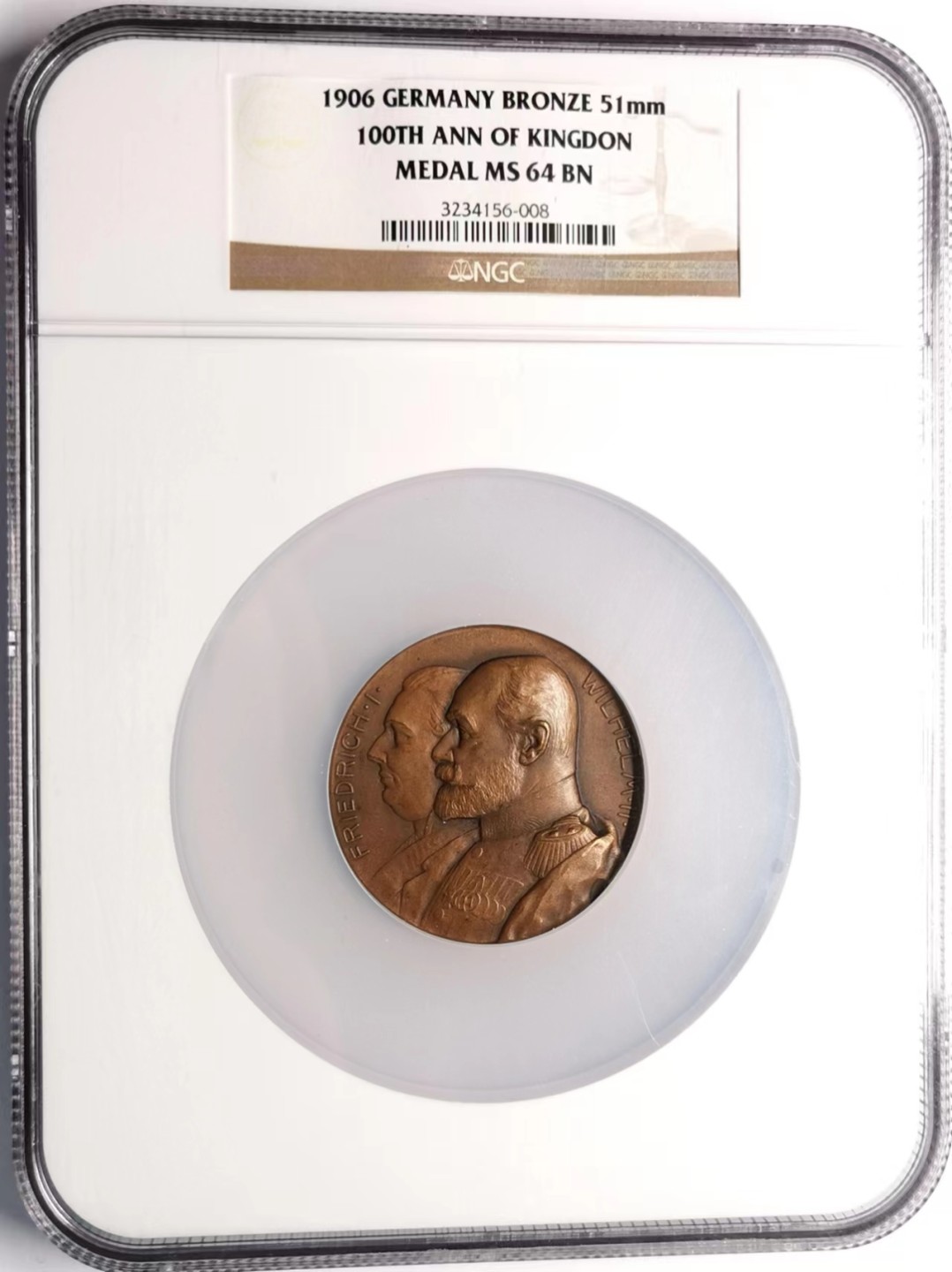 凡希社世界钱币微拍第二百三十四期 1906符腾堡公国百年纪念大铜章NGC-MS64精美！