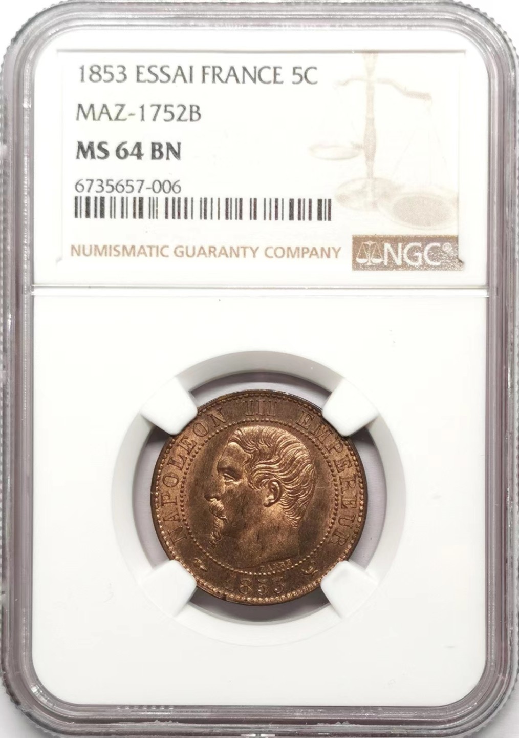 凡希社世界钱币微拍第二百三十四期 1853法国拿三参访造币厂5生丁铜币NGC-MS64