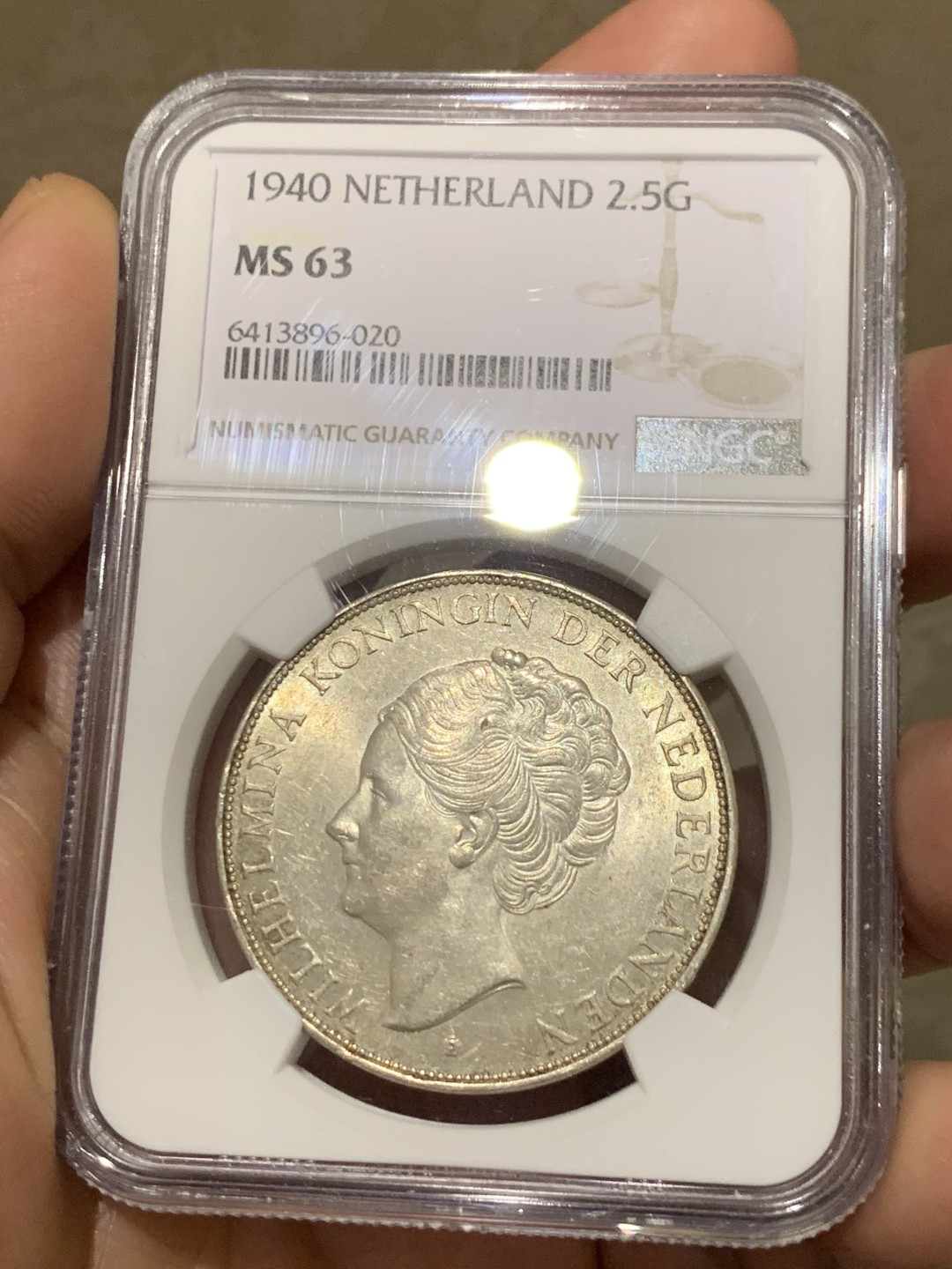 《竞宝斋》第149场-周日，周一，周四 3场 (全场包邮) 冠军分 NGC-MS63 荷兰1940年 威廉米娜女王2.5盾大银币 这款是特年 特别稀少 这分数已经可以终身收藏了