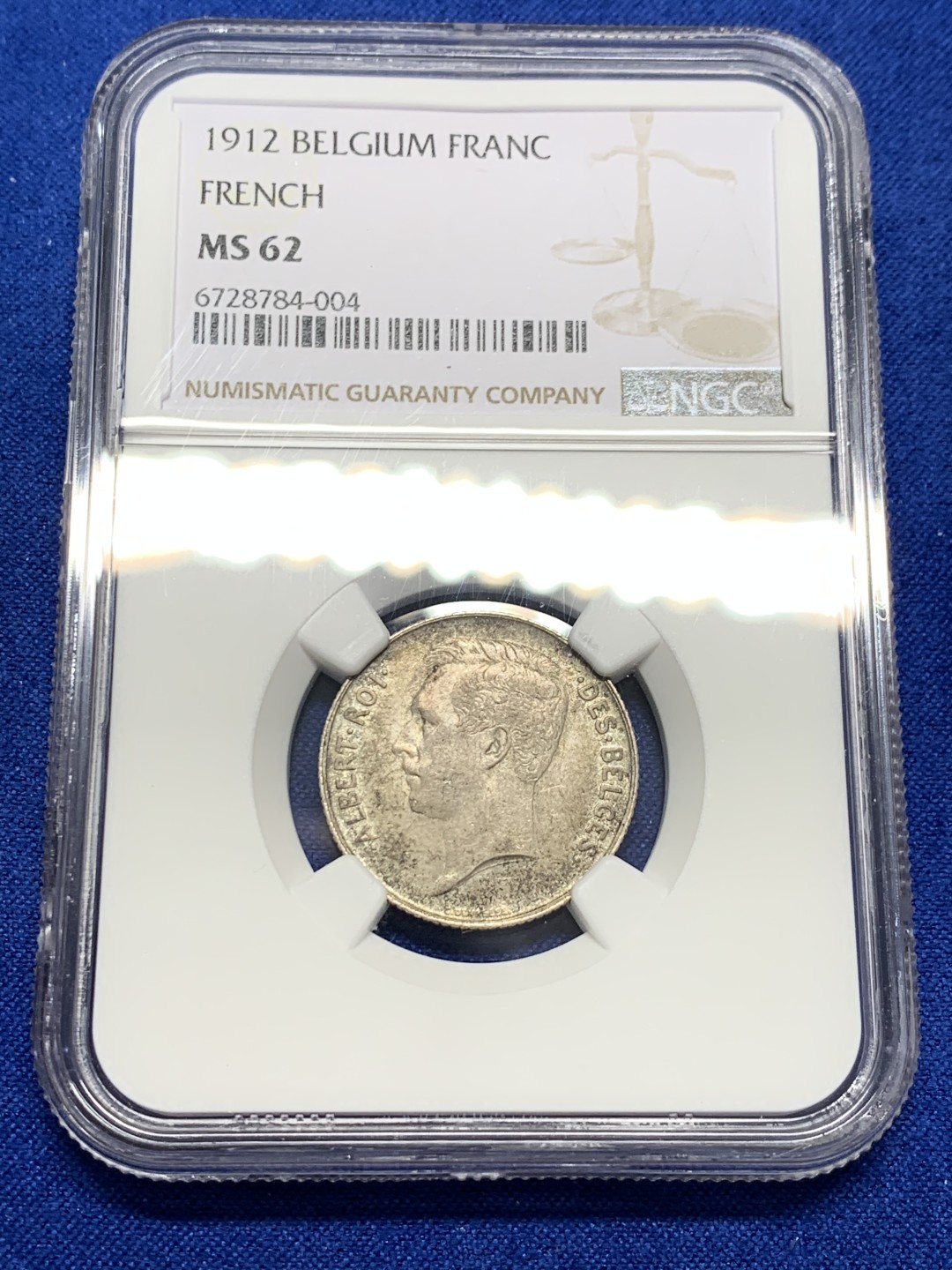 《竞宝斋》第149场-周日，周一，周四 3场 (全场包邮) NGC-MS62 比利时1912年 阿尔贝托1法郎银币 好品代彩