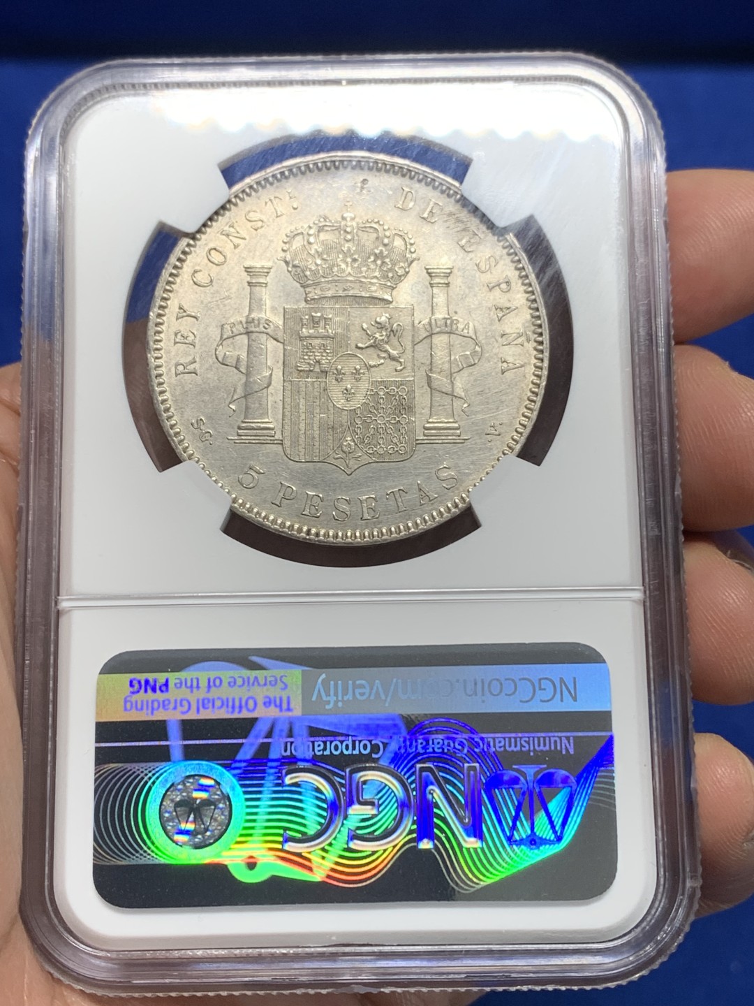 《竞宝斋》第149场-周日，周一，周四 3场 (全场包邮) NGC AUD 西班牙 1898年5比索银币阿方索十三世 徽面细节好