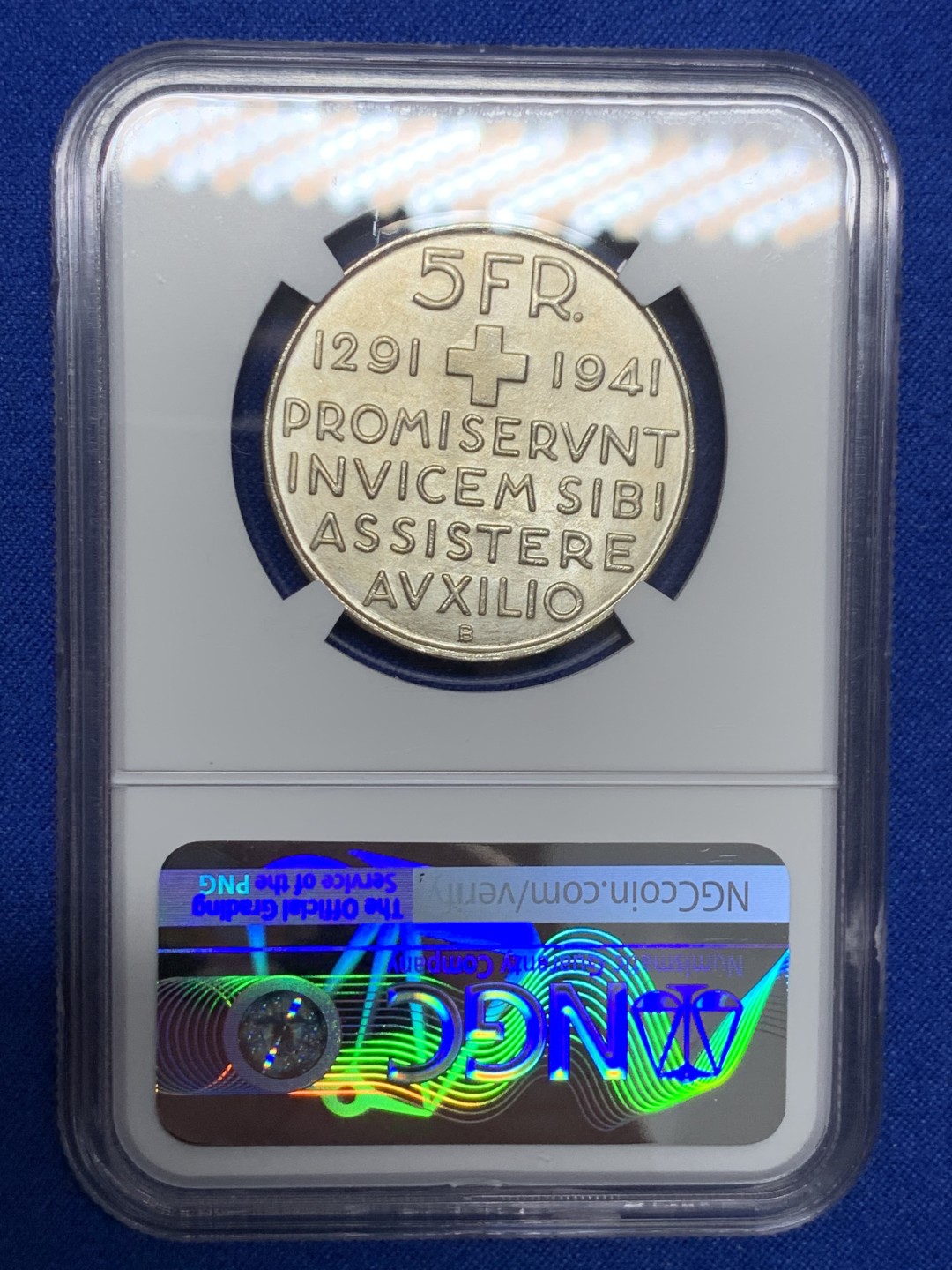 《竞宝斋》第149场-周日，周一，周四 3场 (全场包邮) NGC-MS65 瑞士1941年 联盟纪念 5法郎大银币 顶级品相