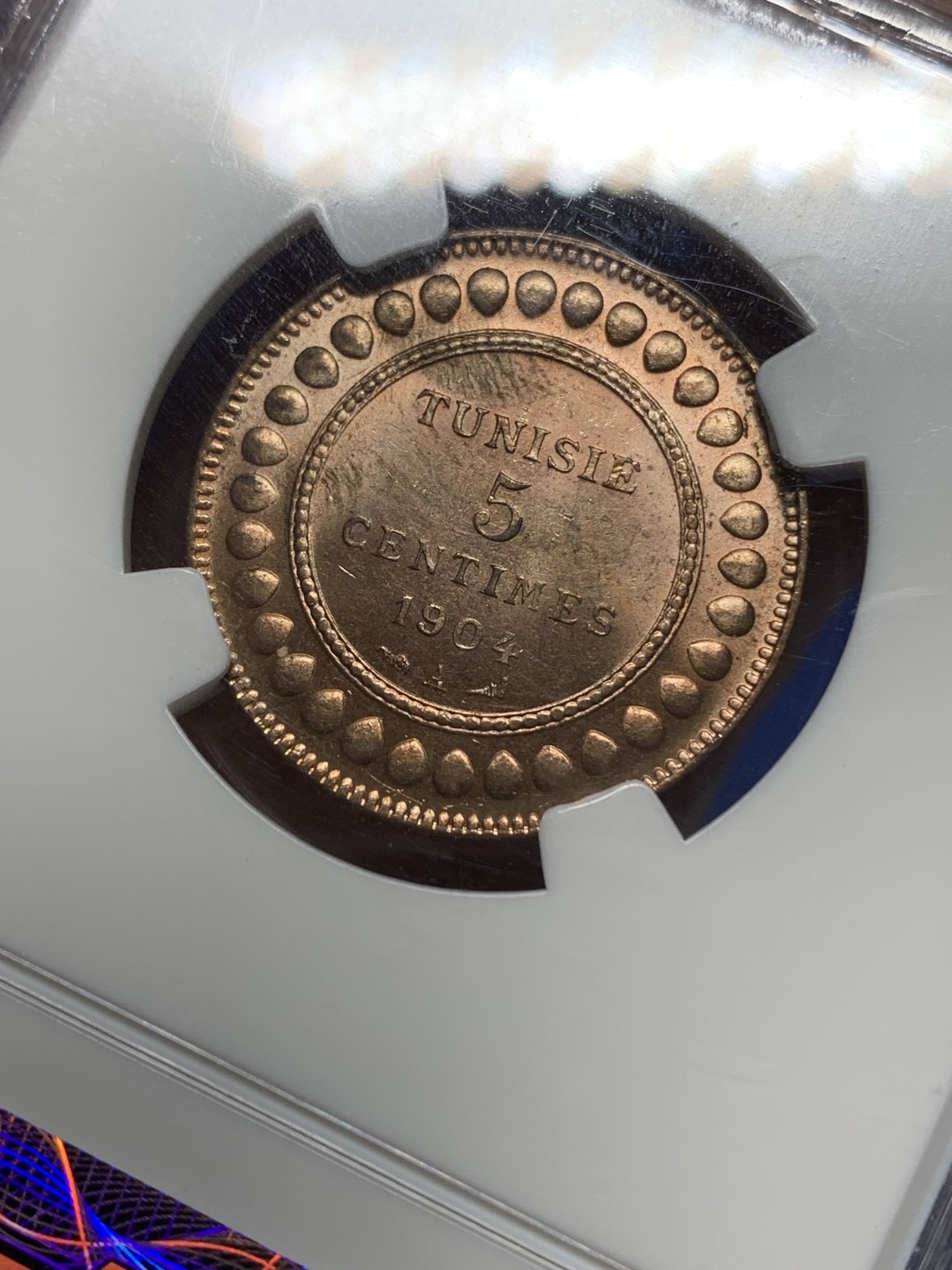 《竞宝斋》第149场-周日，周一，周四 3场 (全场包邮) NGC-MS64RB AH1322年/1904 突尼斯5分铜币，铜光靓丽，不输RD。伊斯兰风格，铜币高分不易