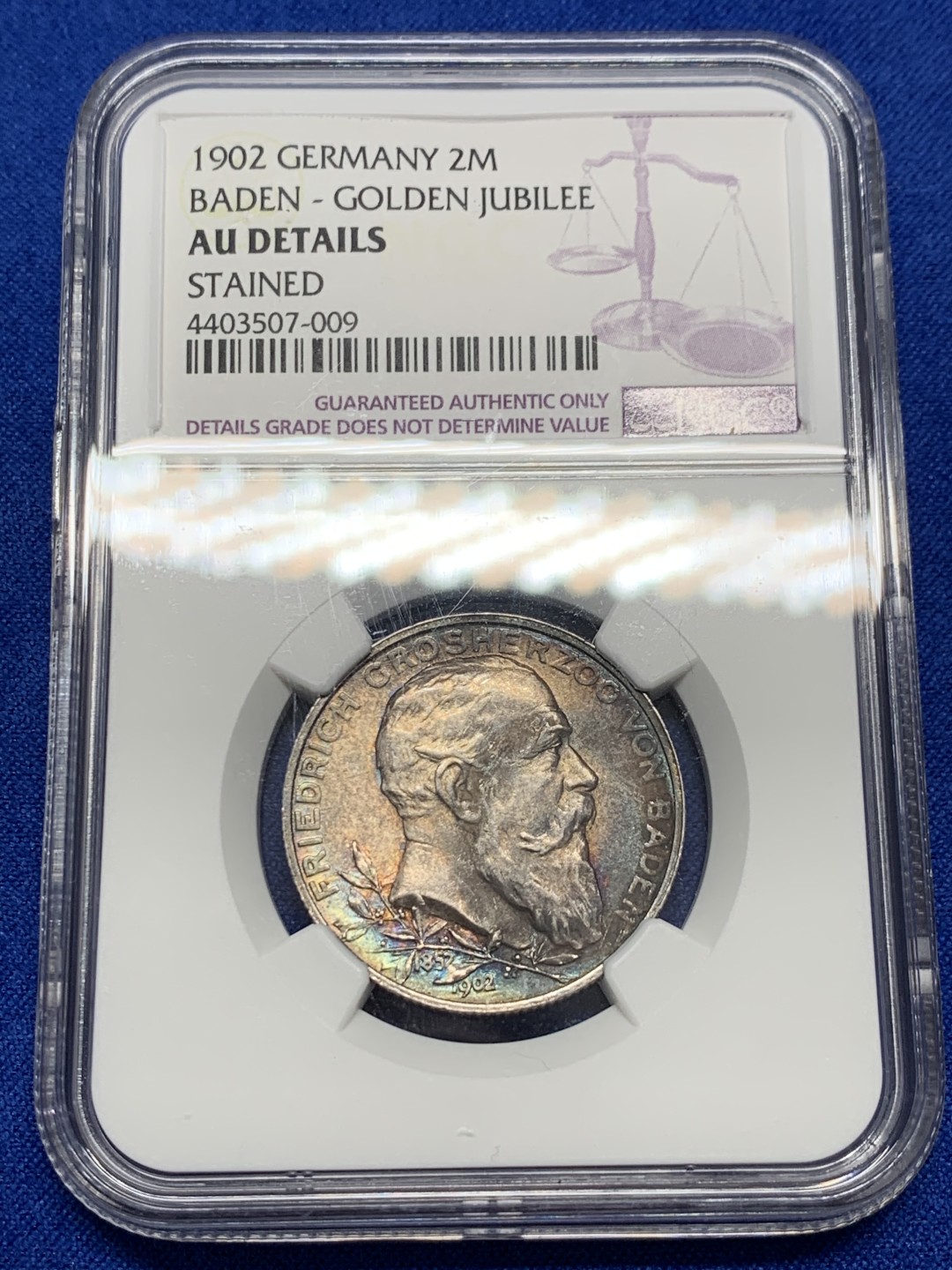 《竞宝斋》第149场-周日，周一，周四 3场 (全场包邮) NGC-AU 德国 1902年 巴登 在位五十年 2马克银币 蓝紫色包浆 味道很好