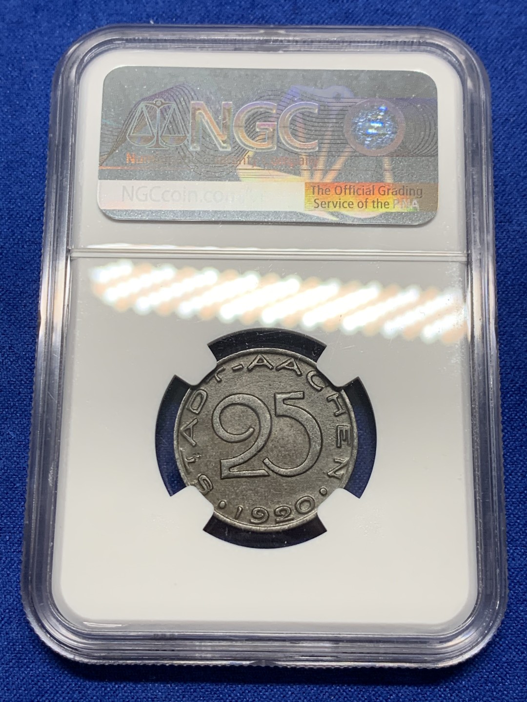 《竞宝斋》第149场-周日，周一，周四 3场 (全场包邮) NGC-AU58 德国紧急状态时期亚琛无心狼 1920年 25芬尼 原味老包浆细节很棒 状态好