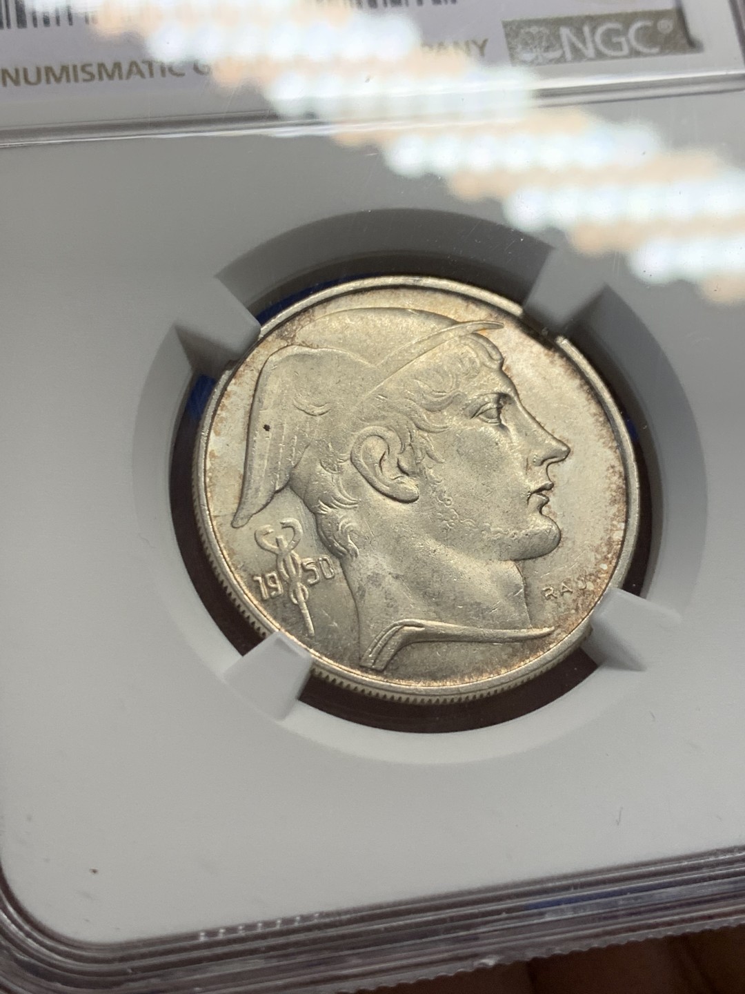 《竞宝斋》第149场-周日，周一，周四 3场 (全场包邮) NGC-MS63 比利时1950年 20法郎银币 原光好品 少见品种