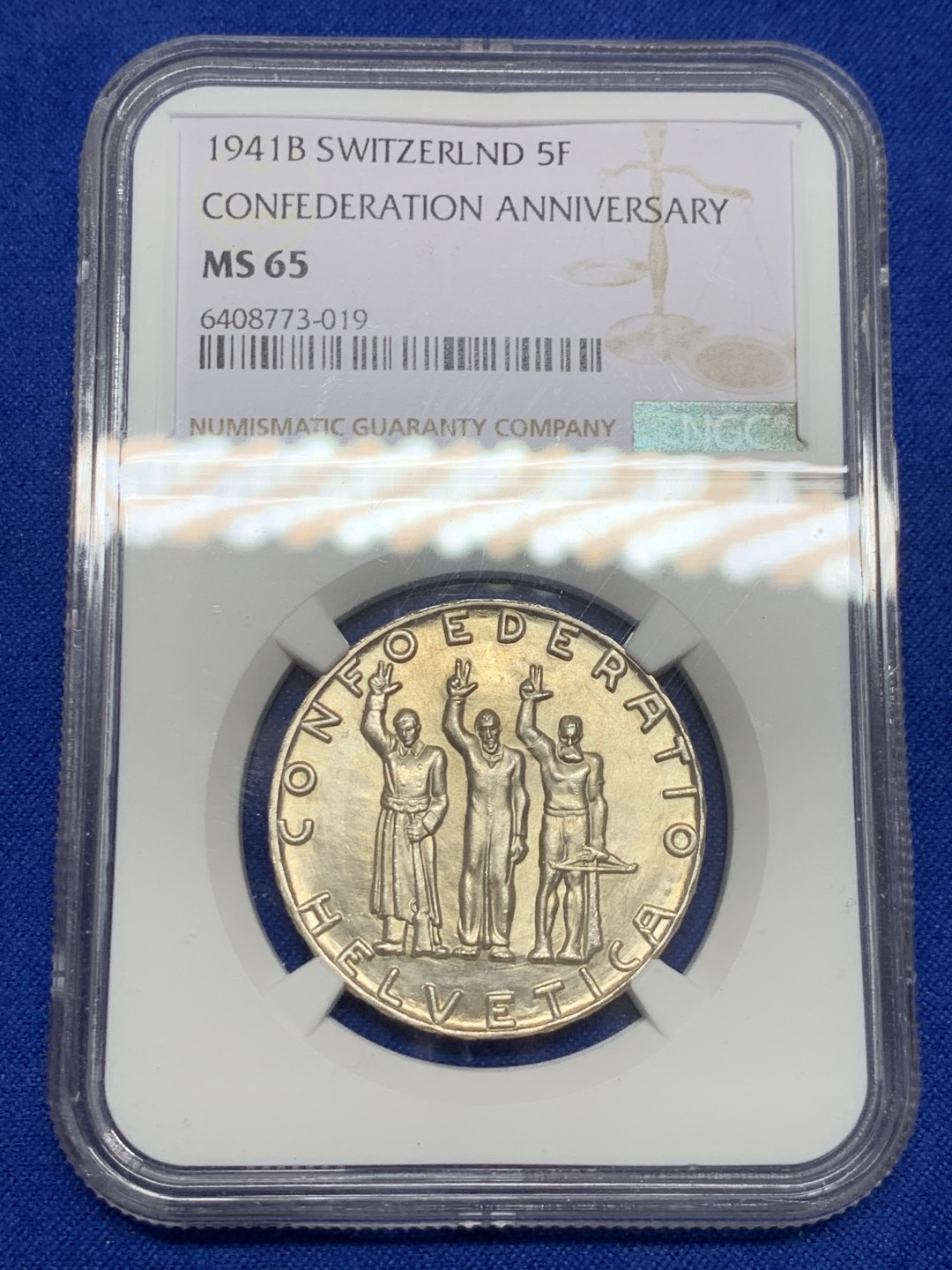 《竞宝斋》第149场-周日，周一，周四 3场 (全场包邮) NGC-MS65 瑞士1941年 联盟纪念 5法郎大银币 顶级品相