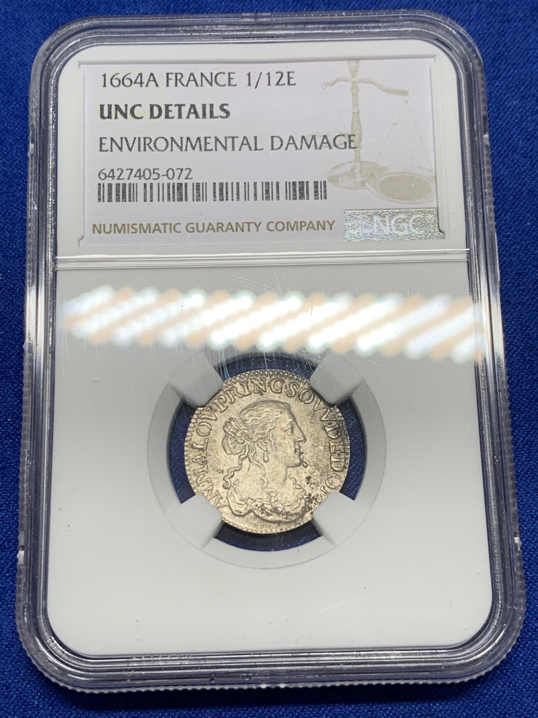 《竞宝斋》第149场-周日，周一，周四 3场 (全场包邮) NGC-UNC 法国1664年 安娜玛丽女王 1/12ECU银币 这品种能有这样的品相已经是万里挑一了