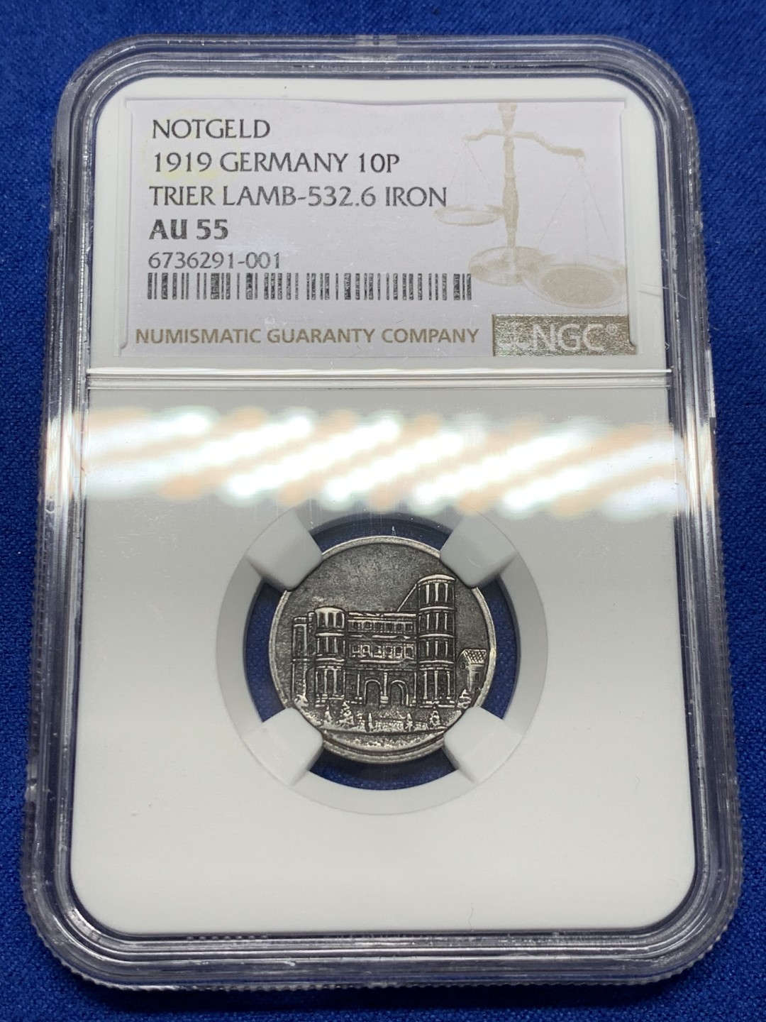 《竞宝斋》第149场-周日，周一，周四 3场 (全场包邮) NGC-AU55 德国紧急状态时期特里尔铁质币 1919年 10芬尼 细节不错低评状态