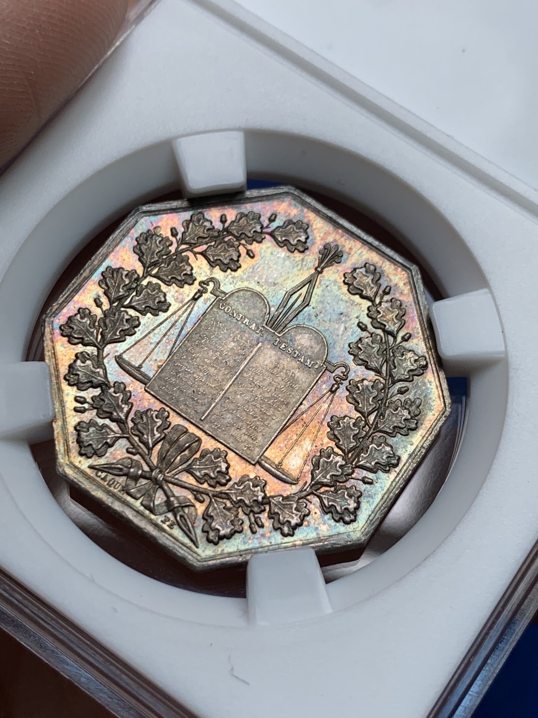 《竞宝斋》第149场-周日，周一，周四 3场 (全场包邮) 法国 1860-1879 八角银质代币 森利斯地区公证人，12.92g，31.5mm，蜜蜂边铭，原味五彩包浆