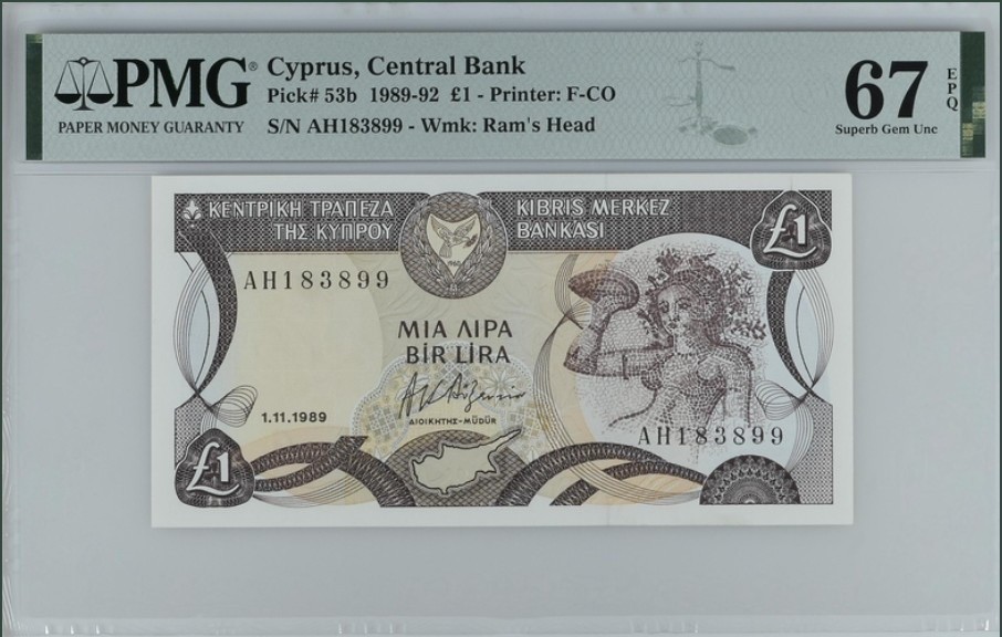 收藏联盟Quantum Auction 第247期拍卖 塞浦路斯1989-92年1镑 PMG67 马赛克瓷砖画