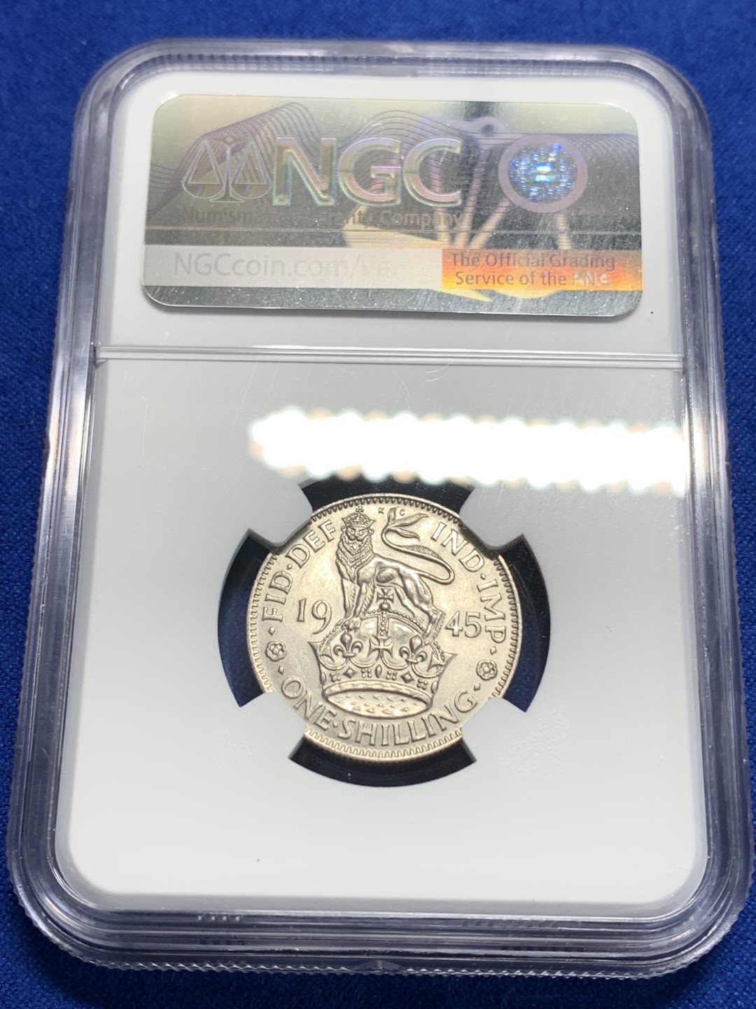 《竞宝斋》第149场-周日，周一，周四 3场 (全场包邮) NGC-AU 英国1945年 乔六1先令 银币