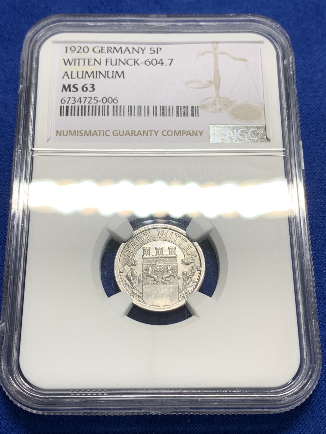 《竞宝斋》第149场-周日，周一，周四 3场 (全场包邮) NGC-MS63 德国 德紧1920年维滕5芬尼铝币，底板镜面感强烈，与德紧名誉品门登洞熊同属Heinrich Kissing厂设计铸造 风格相近