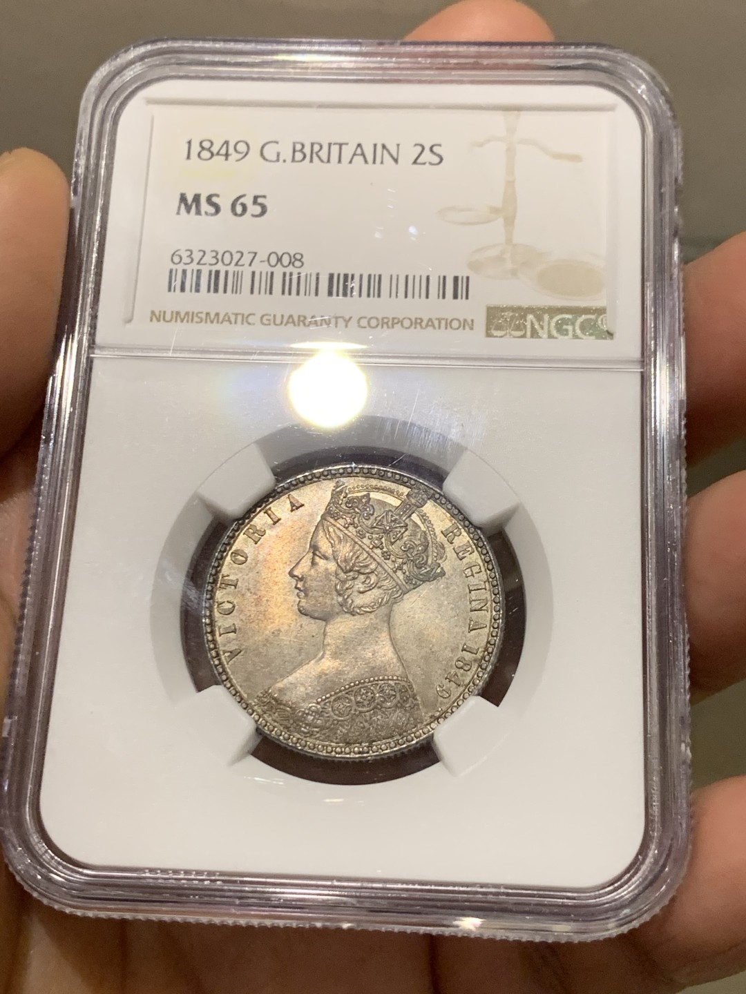 《竞宝斋》第149场-周日，周一，周四 3场 (全场包邮) NGC-MS65 英国1849年无神Florin银币，底光丝滑，背面盾徽内狮子脸部打制清晰