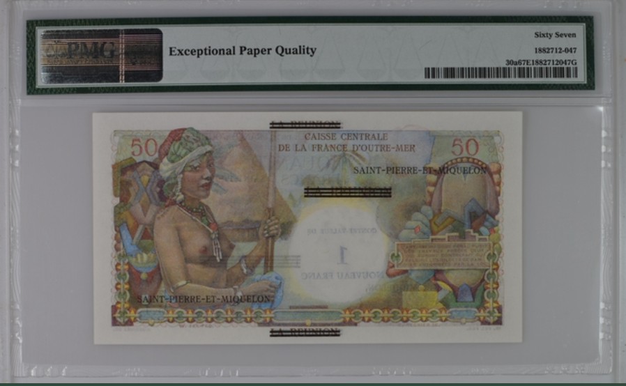 收藏联盟Quantum Auction 第247期拍卖 圣皮埃尔和密克隆群岛1960年1法郎 PMG67 冠军分 稀少初版 短冠号