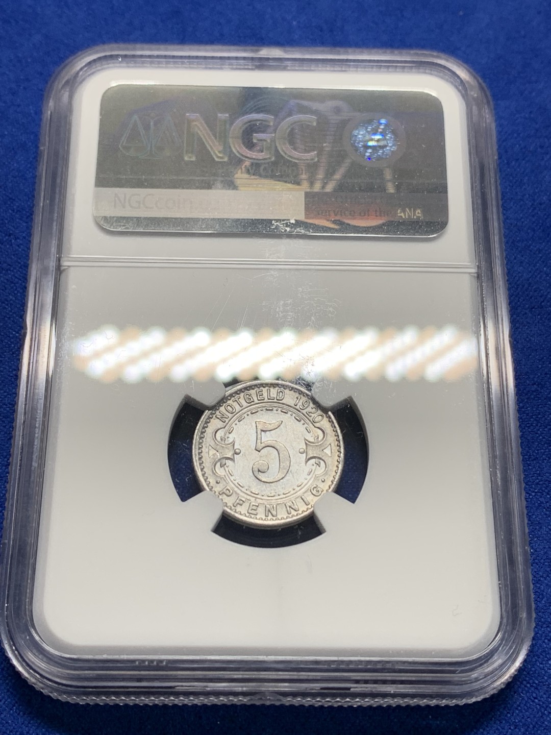 《竞宝斋》第149场-周日，周一，周四 3场 (全场包邮) NGC-MS63 德国 德紧1920年维滕5芬尼铝币，底板镜面感强烈，与德紧名誉品门登洞熊同属Heinrich Kissing厂设计铸造 风格相近