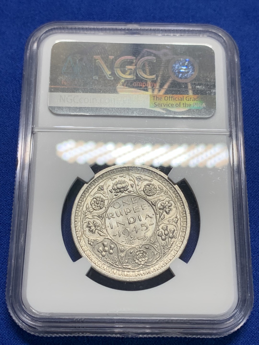 《竞宝斋》第149场-周日，周一，周四 3场 (全场包邮) NGC MS62 英属印度 1945年B版 乔治六世1卢比银币 原银光美品