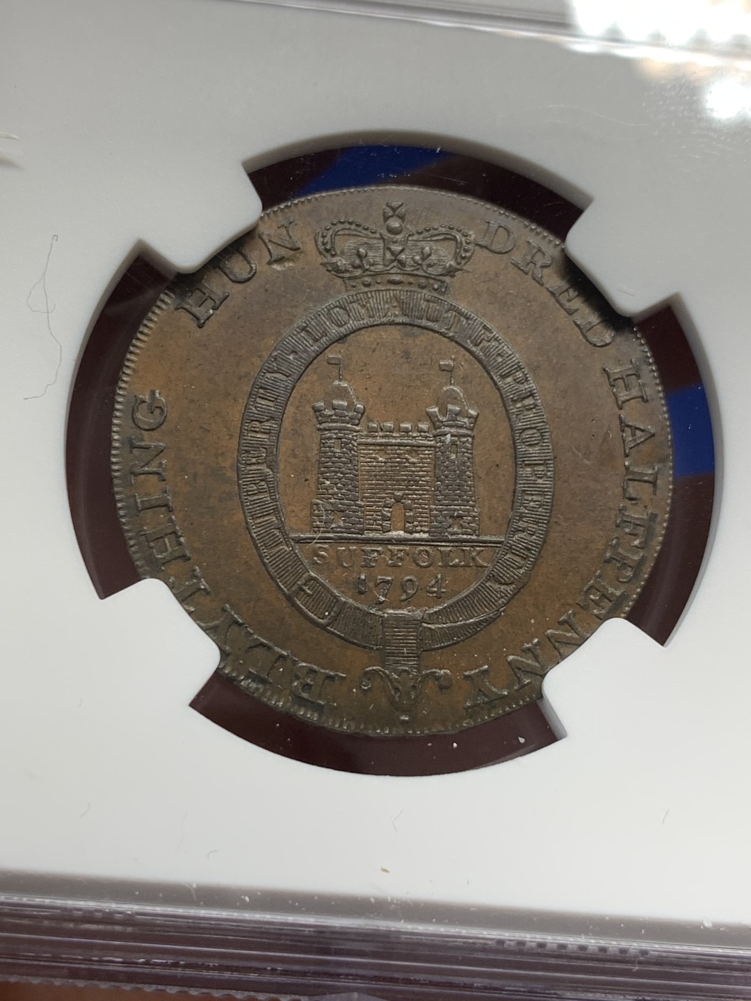 《竞宝斋》第149场-周日，周一，周四 3场 (全场包邮) NGC MS62BN 1794年英国Suffolk 1/2便士铜代币 罕见品种 底板丝滑