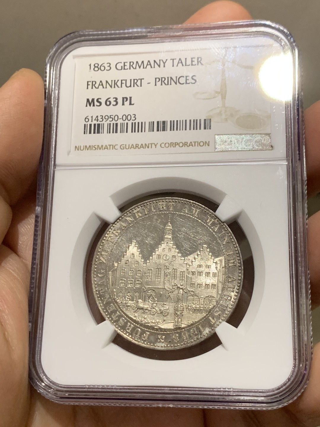 《竞宝斋》第149场-周日，周一，周四 3场 (全场包邮) NGC-MS63PL 德国1863年王子会议泰勒银币，也称著名的法兰克福市政厅景观泰勒，带PL尾巴的很少，NGC数据库中带PL后缀的仅有两枚，绝佳镜面效果！