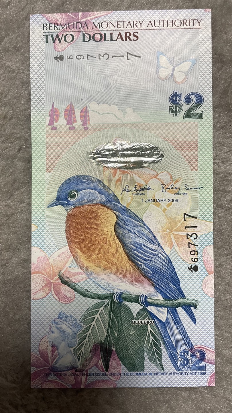 【洋葱冠】百慕大2009年2元纸币，号码不带4，非图片上号码