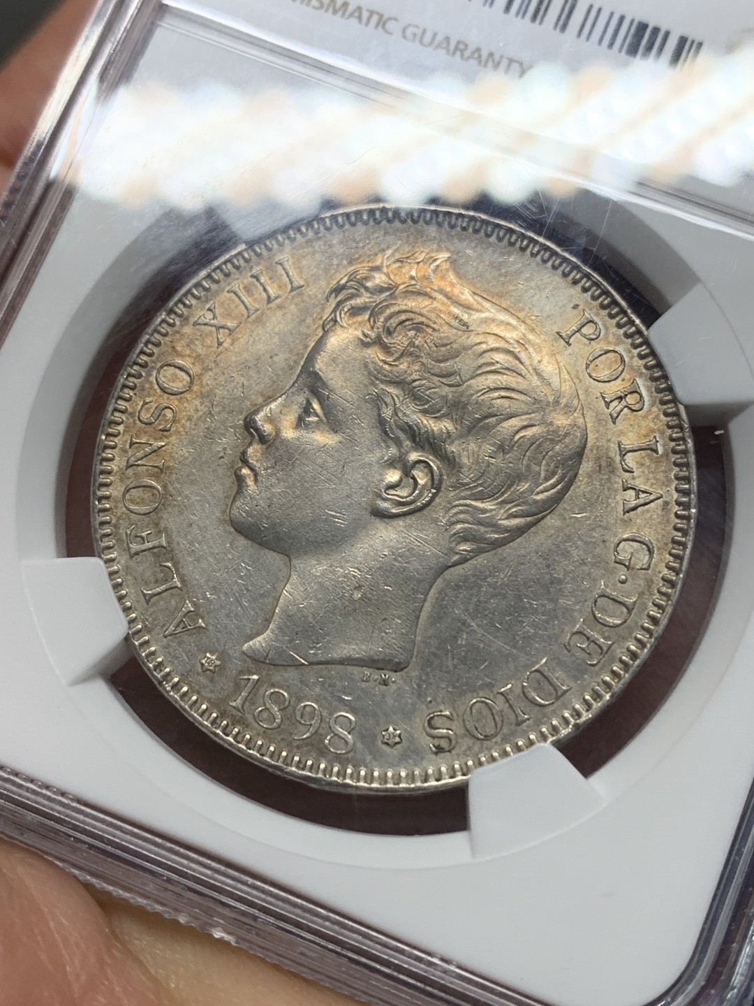 《竞宝斋》第149场-周日，周一，周四 3场 (全场包邮) NGC AUD 西班牙 1898年5比索银币阿方索十三世 徽面细节好