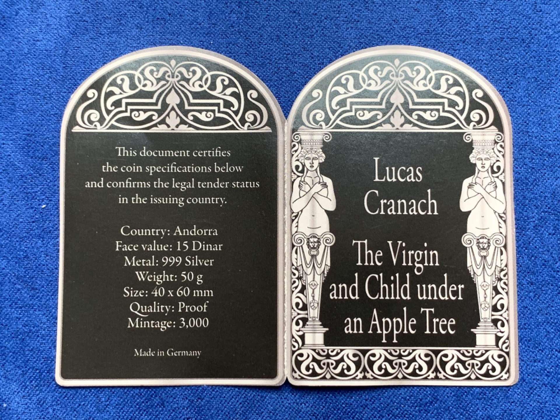 《竞宝斋》第149场-周日，周一，周四 3场 (全场包邮) 2012年安道尔名画圣母抱婴15元银币 50克 999银