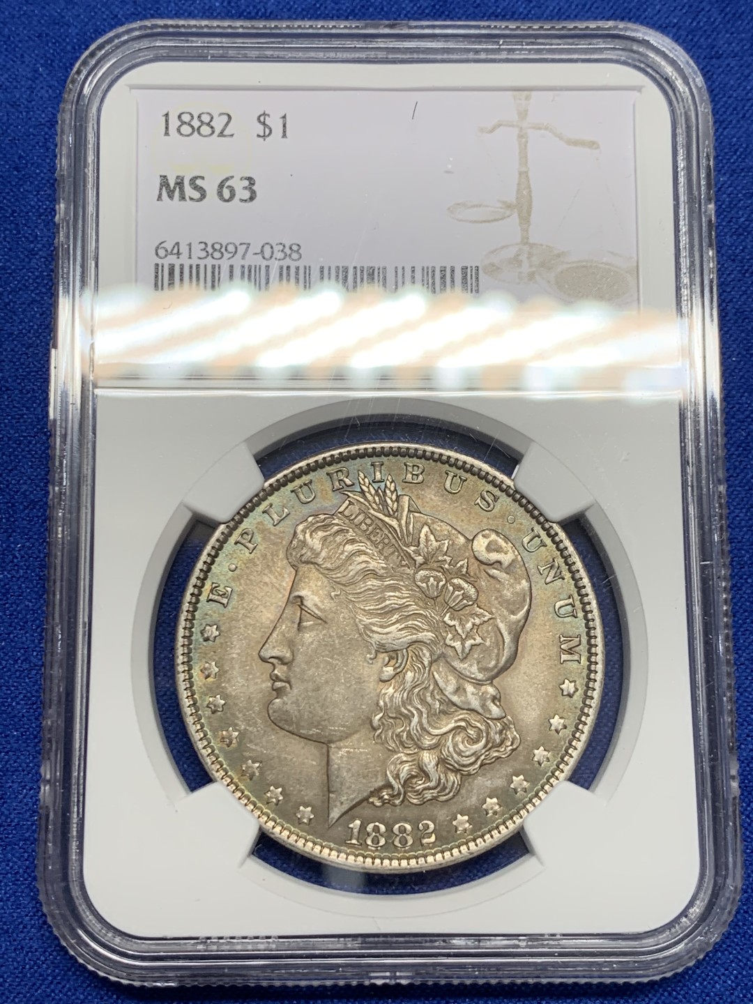 《竞宝斋》第149场-周日，周一，周四 3场 (全场包邮) NGC-MS63 美国1882年 摩根一元 五彩包浆