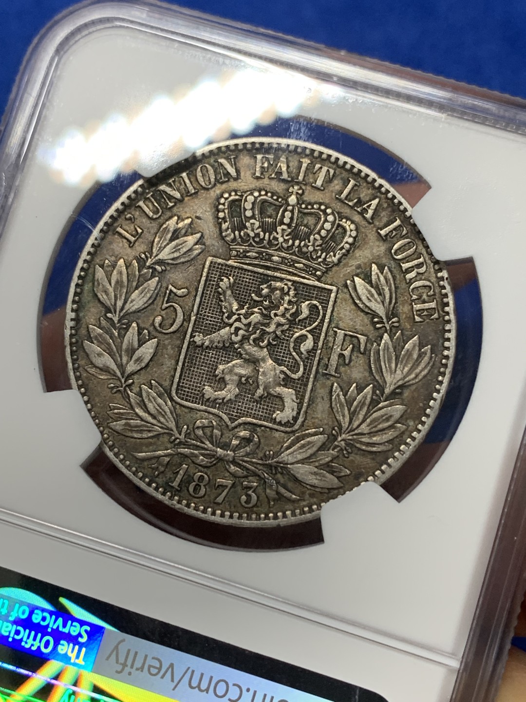 《竞宝斋》第149场-周日，周一，周四 3场 (全场包邮) NGC XF45 比利时 1873年 利奥波德二世 5法郎 银币 原味包浆