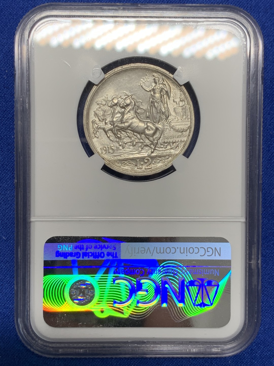 《竞宝斋》第149场-周日，周一，周四 3场 (全场包邮) NGC-MS62 意大利1915年2里拉马车银币 略有低评 可对比63状态