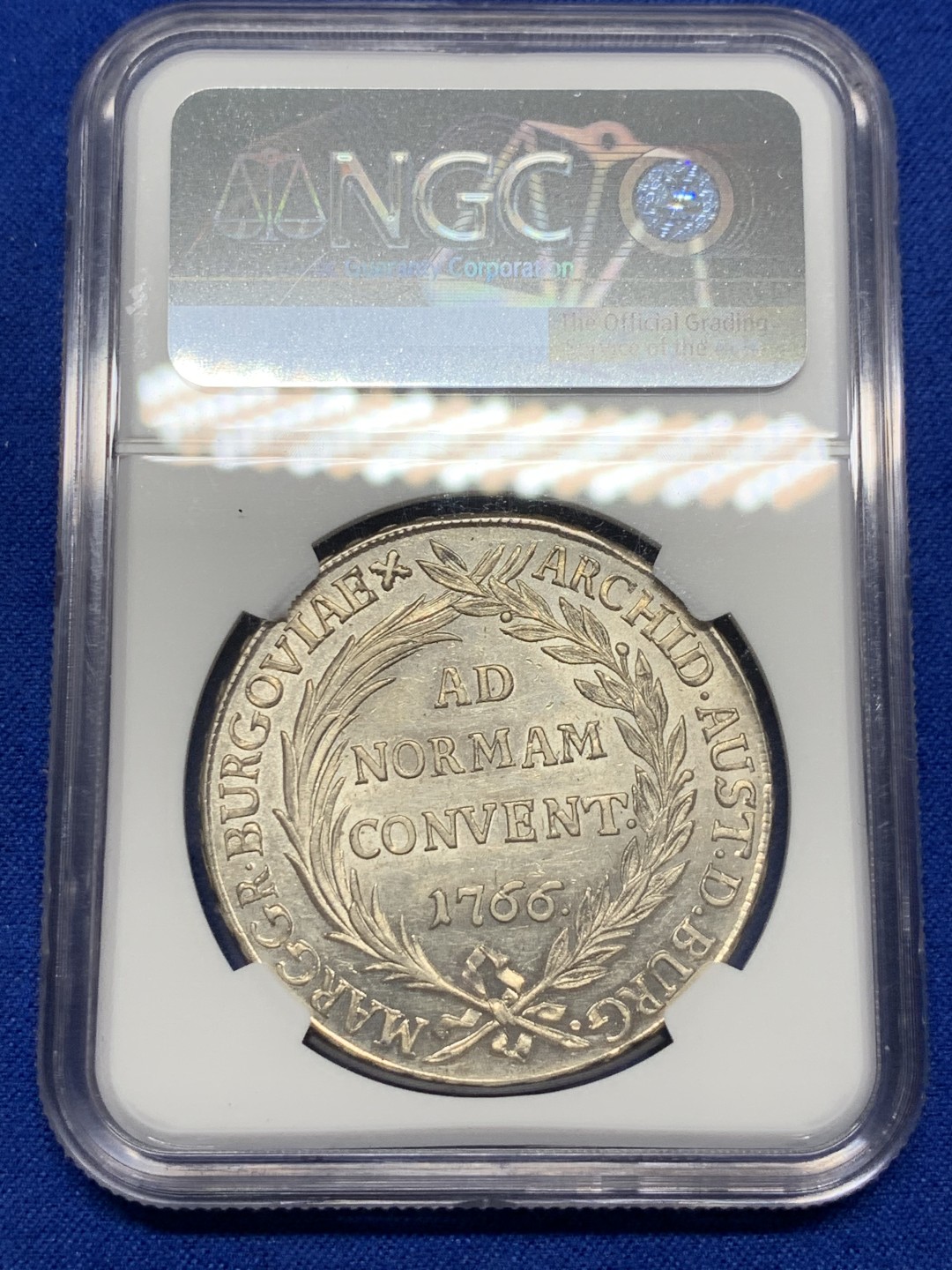 《竞宝斋》第149场-周日，周一，周四 3场 (全场包邮) NGC-MS63 奥地利 1766年 1泰勒 布尔高金茨堡铸币厂铸造，无头像版玛利亚特蕾莎贸易泰勒仅发行两个年份比带头像版少很多