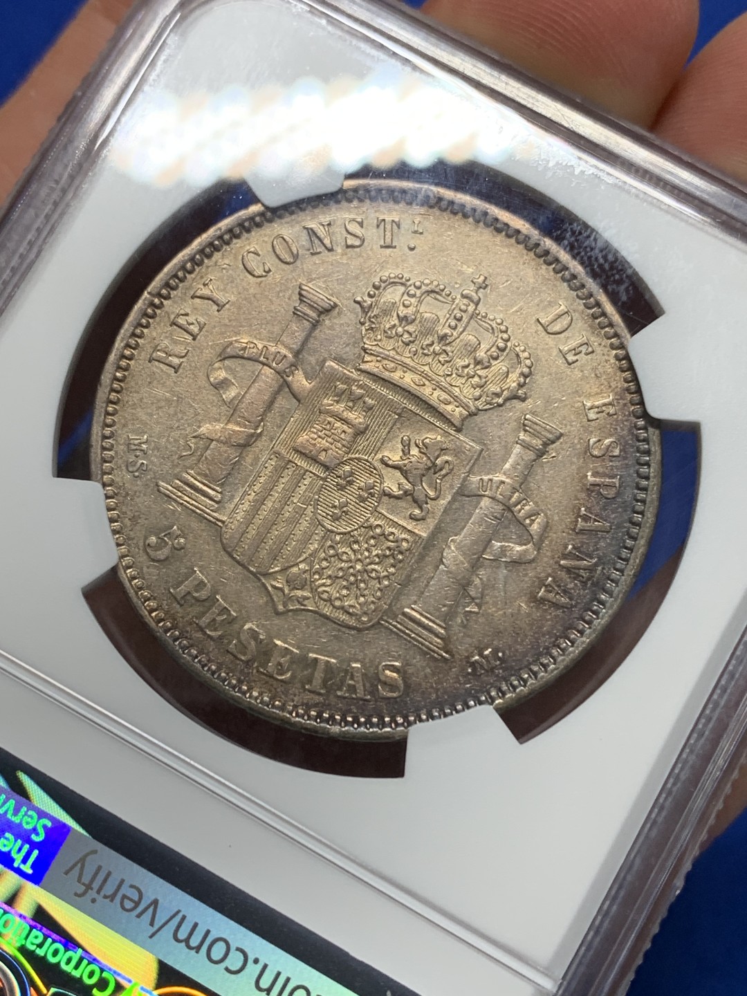 《竞宝斋》第149场-周日，周一，周四 3场 (全场包邮) NGC AUD 西班牙 1883年5比索银币阿方索十二世 玫瑰色包浆好品