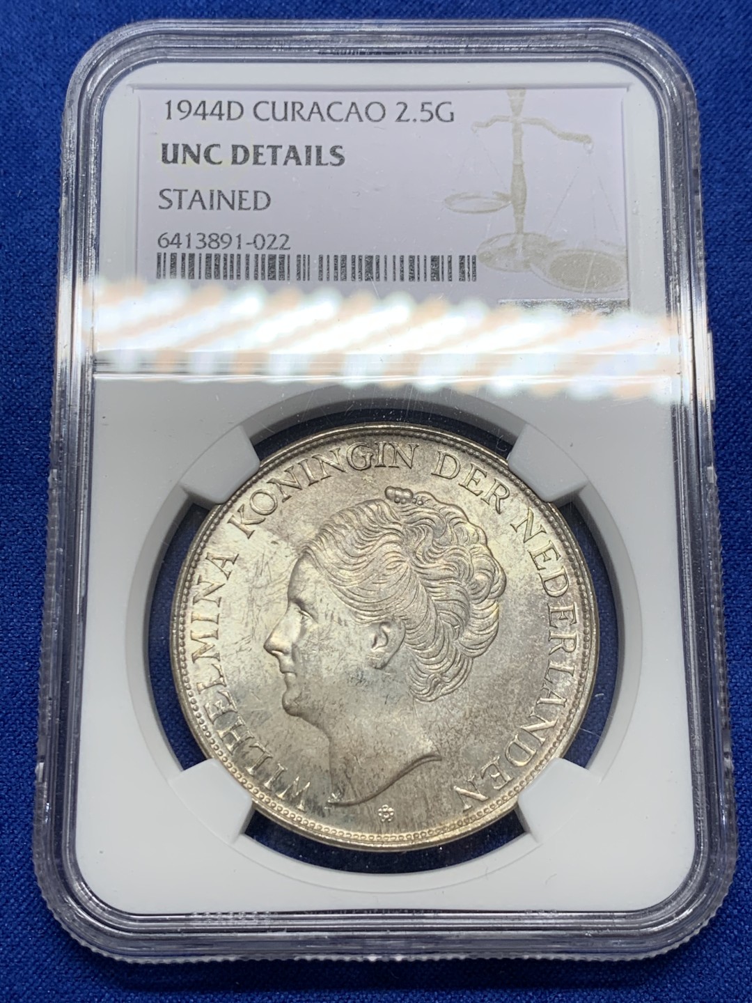 《竞宝斋》第149场-周日，周一，周四 3场 (全场包邮) NGC-UNC 荷属库拉索 1944年 威廉米娜2.5盾大银币 殖民地系列 好品稀少